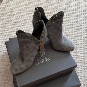 Vince Camuto Gray Suede Cutout Ankle Booties with Stacked Heel
